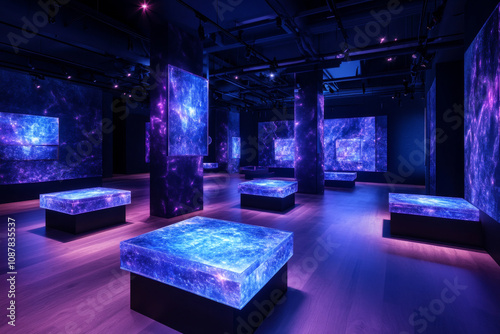 Futuristic gallery with glowing digital art installations photo