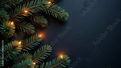 Black New Year background with Christmas tree branches and Christmas lights.