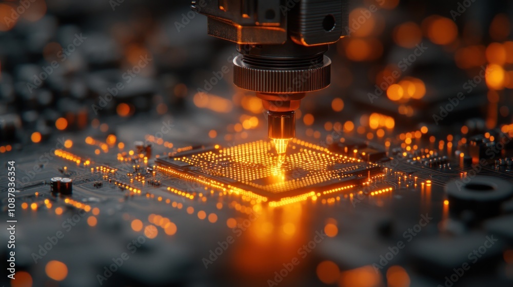 Closeup of a robotic arm soldering a microchip on a circuit board. Closeup of a robotic arm soldering a microchip on a circuit board.
