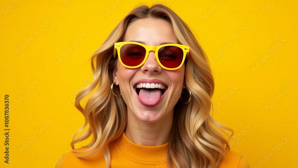 A woman shows her tongue on a yellow background. A woman shows her tongue on a yellow background.