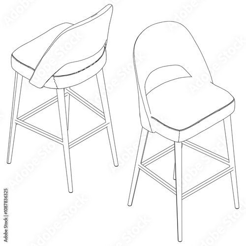 Bar Chair, Bar stool editable vector illustration on white background. chair Line art, clip art, Fancy Chair, Hand-drawn design elements with Fisometric view