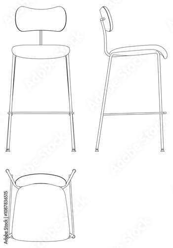 Bar Chair, Bar stool editable vector illustration on white background. chair Line art, clip art, Fancy Chair, Hand-drawn design elements with Front, Side, and Top Views
