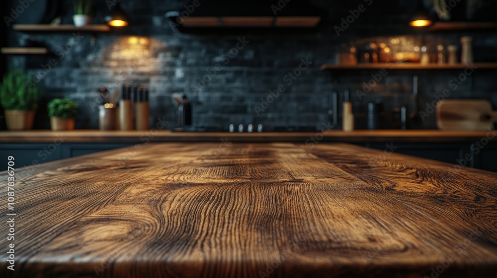 Close-up of a rustic wooden table with a blurred background of a modern kitchen.