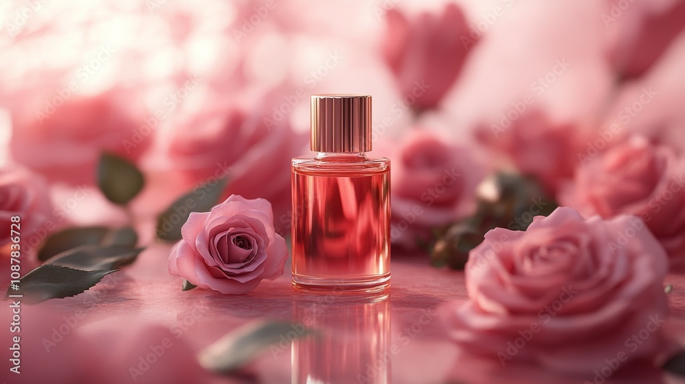 A poster with a rose background, There's a rose oil in the middle, There are a few rose leaves around A poster with a rose background, There's a rose oil in the middle, There are a few rose leaves around