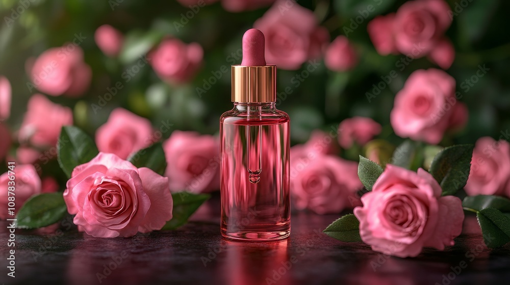 A poster with a rose background, There's a  rose oil in the middle, There are a few rose leaves around