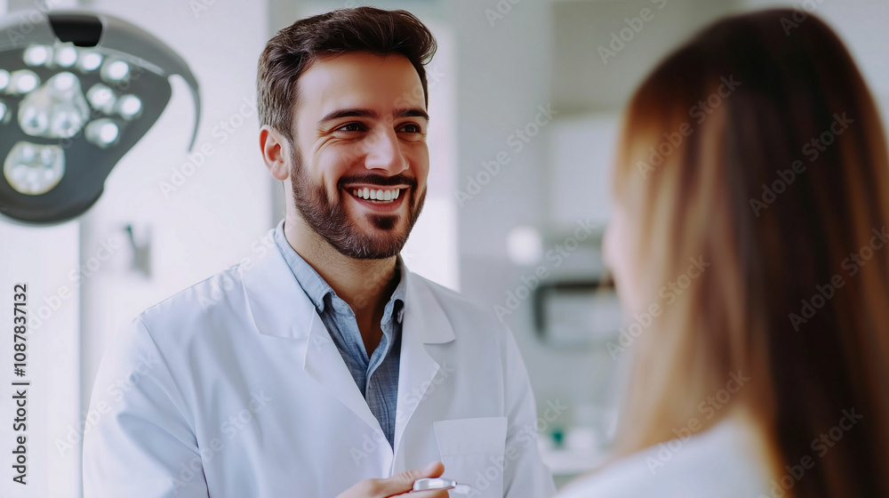 Smiling dentist consulting with a patient in a modern dental clinic during a routine visit Smiling dentist consulting with a patient in a modern dental clinic during a routine visit