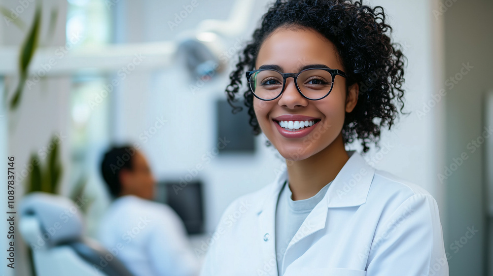 Smiling dental professional in a clinic setting during a routine check-up Smiling dental professional in a clinic setting during a routine check-up
