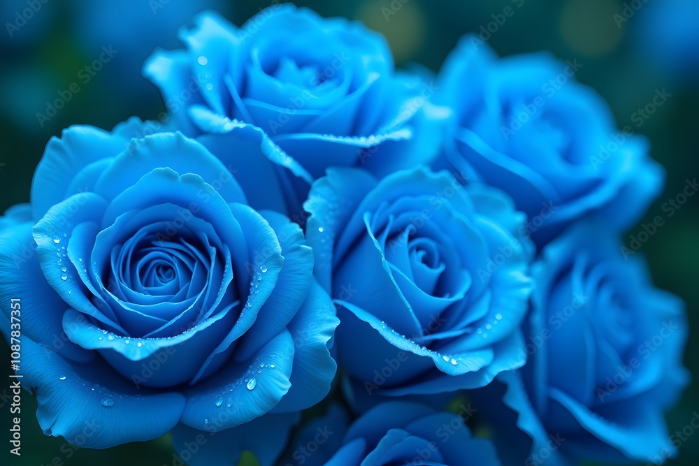 Vivid blue roses with dew droplets in full bloom Vivid blue roses with dew droplets in full bloom
