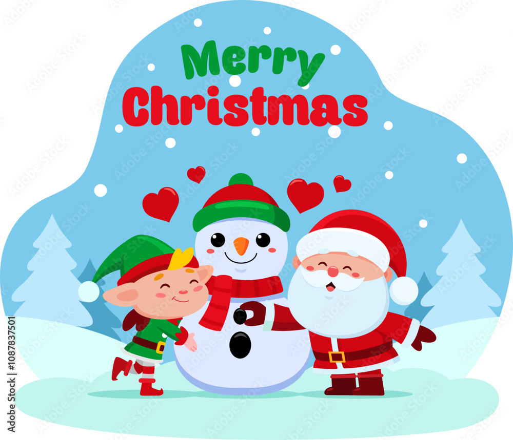 Merry Christmas Greeting With Elf, Snowman And Santa. Vector Illustration Flat Design With Landscape Background Merry Christmas Greeting With Elf, Snowman And Santa. Vector Illustration Flat Design With Landscape Background
