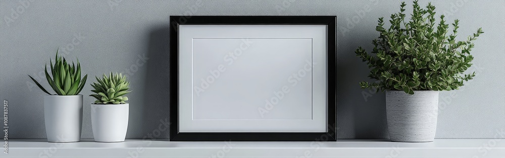 Blank minimalist picture frame on shelf with clean, modern interior design Blank minimalist picture frame on shelf with clean, modern interior design