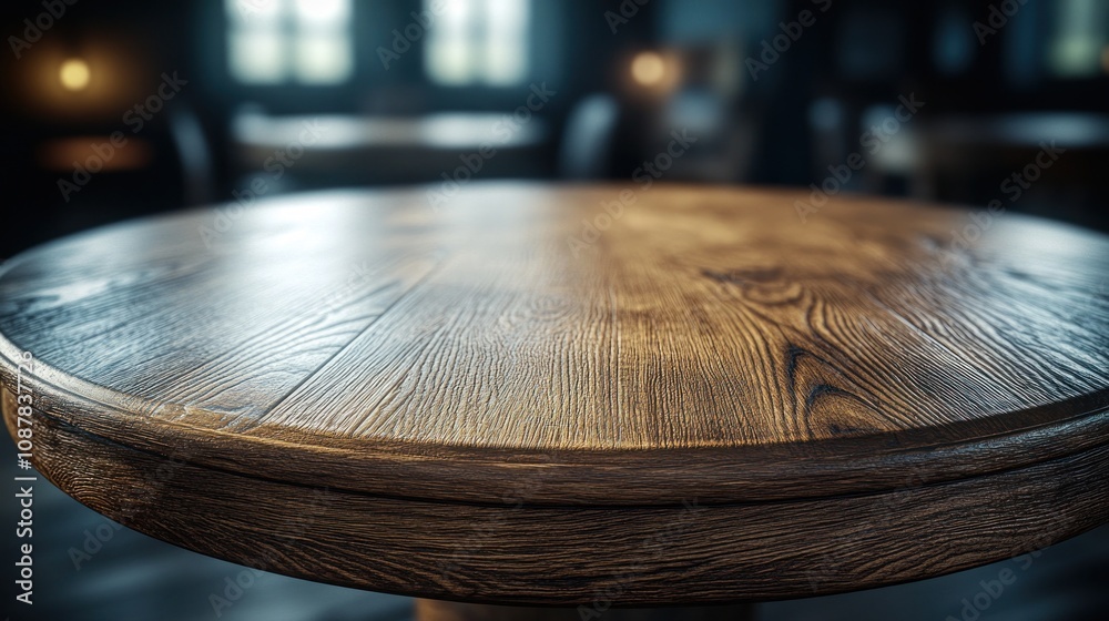 Obraz premium Close-up of a wooden table surface in a dim setting.