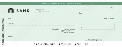 Green Blank money cheque. Bank check. Blue Check book template with pattern and empty fields. Currency payment coupon, US dollar check background.