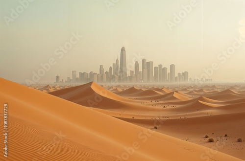 view of the metropolis from the desert. desert sands swallow the big city, gradually covering everything with sand. nature takes its toll