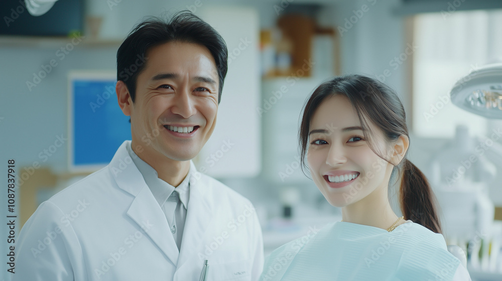 A dentist and patient share a joyful moment in a modern clinic during a routine check-up A dentist and patient share a joyful moment in a modern clinic during a routine check-up