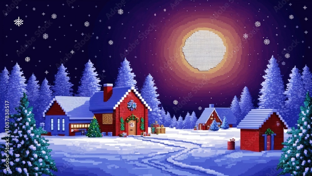 Fototapeta premium Lovely night in the winter landscape, pixel style