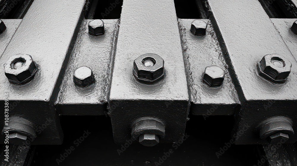 Close-up of dark gray metal bars fastened with bolts. Close-up of dark gray metal bars fastened with bolts.