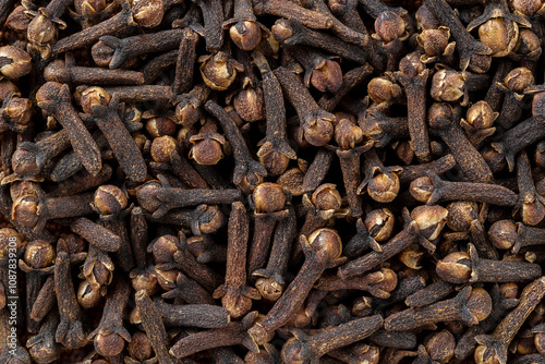 Clove spice texture. Background of dry clove buds macro. Syzygium aromaticum dry buds as ingredirnt for cooking and herbal medicine. Spice concept. photo