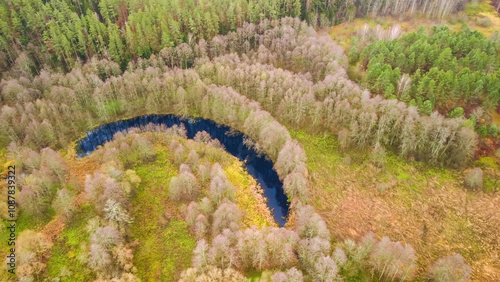 Steep bends and loops of the Merkys river, from above, Merkine area, Lithuania. Dzukija national park. photo