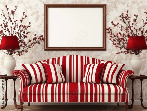 Red and White Striped Sofa with Frame and Flowers photo