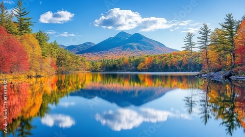  Fall foliage reflected in Chocorua Lake in Tamworth, New Hampshire