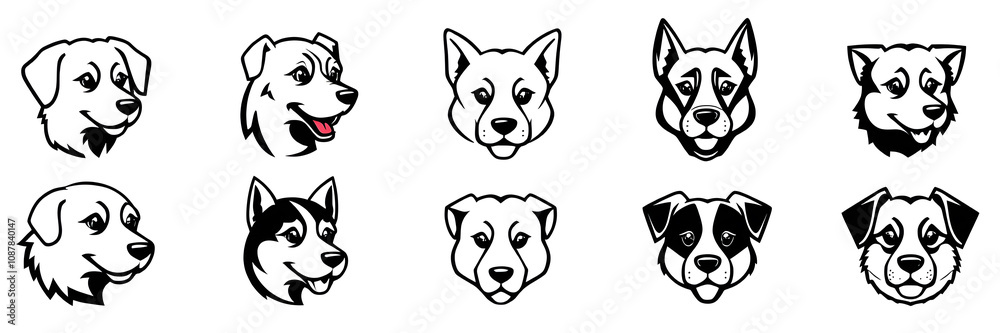 Dog different head mascot collection, black outline logo set. Vector illustration. Generative AI Dog different head mascot collection, black outline logo set. Vector illustration. Generative AI