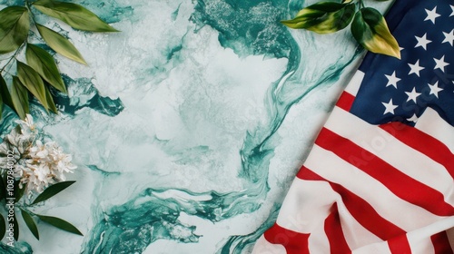 An artistic depiction of the American flag draped over a textured green abstract background with leaves and flowers, symbolizing patriotism. photo