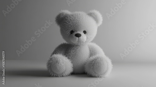 A white teddy bear sits in a white room against a white background.