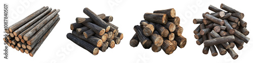 Heap of logs isolated on transparent background, Set of