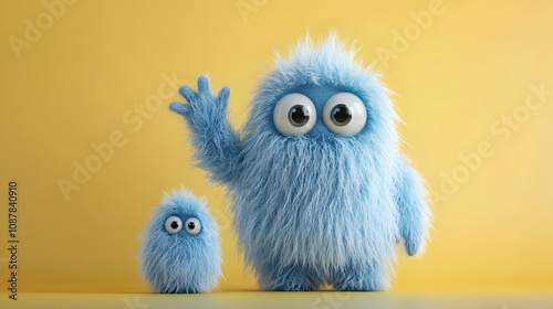 Fluffy Blue Monsters 3D Illustration