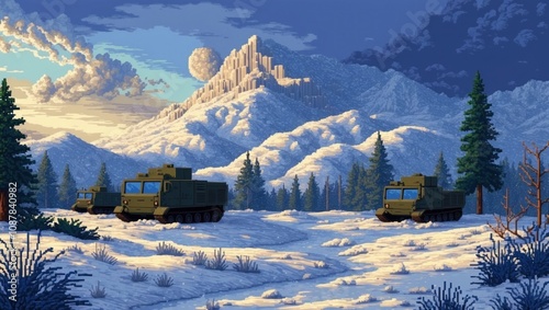 Wallpaper retro game, winter military battle, pixel art photo