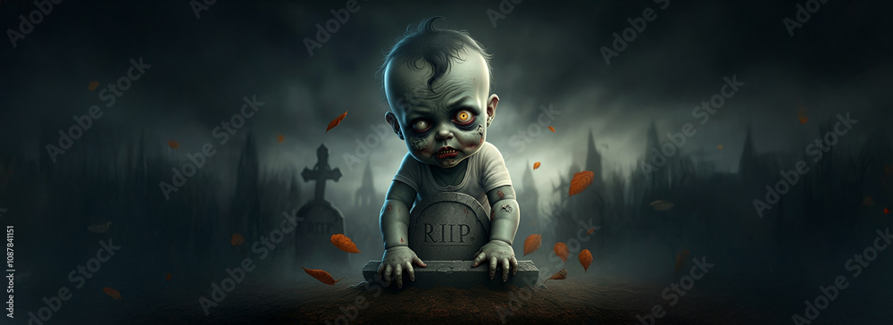 Zombie Climbing out of a Dirt Grave, Graveyard, Cemetery, Halloween Scary Undead Dead Horror Graphic