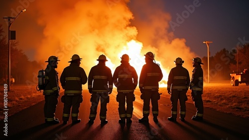 A group of firefighters faces a large fire, silhouetted against the bright flames in a darkened environment. Emergency response efforts are underway at the scene, showcasing bravery and teamwork