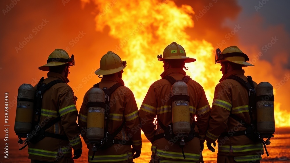 Naklejka premium Four firefighters stand united, equipped for action, as flames illuminate the night sky behind them. Their focus demonstrates courage amidst a dangerous fire situation