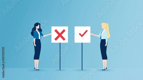 Decision making: two professional women holding opposing signs on a blue background photo