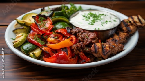 Grilled Turkish Kebabs with Veggies and Sauce