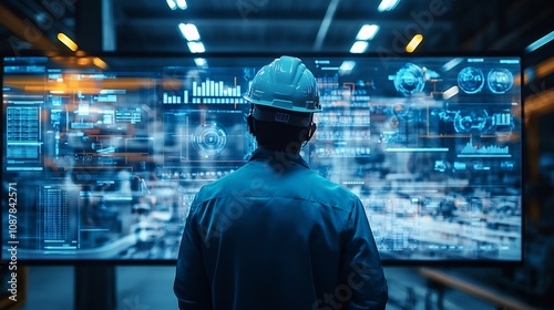 Industrial Worker Analyzing Data on a Large Screen