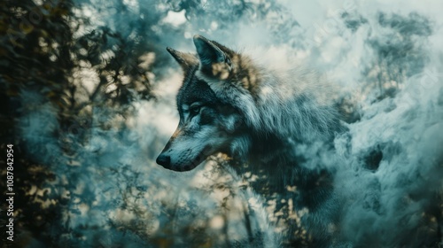 Wallpaper Mural A wolf's head emerges from a mystical smoke cloud in a forest, with blurred foliage in the background. Torontodigital.ca