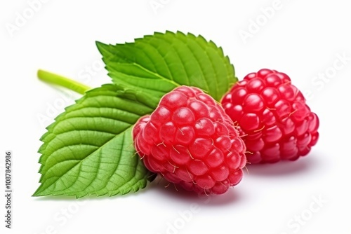 Macro shot of isolated raspberry with green leaves on white background in closeup view