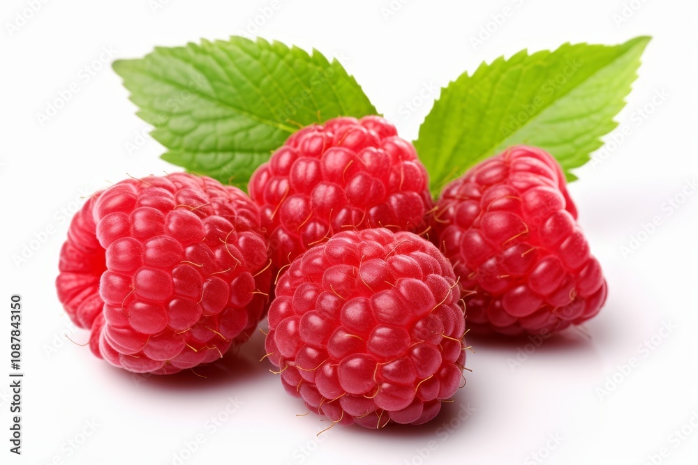 Closeup of isolated raspberry with green leaves on white background in macro view Closeup of isolated raspberry with green leaves on white background in macro view