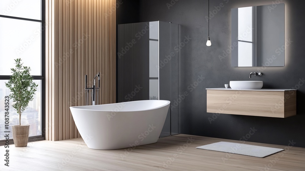 Modern bathroom featuring a freestanding tub, sleek fixtures, and wooden accents. Modern bathroom featuring a freestanding tub, sleek fixtures, and wooden accents.