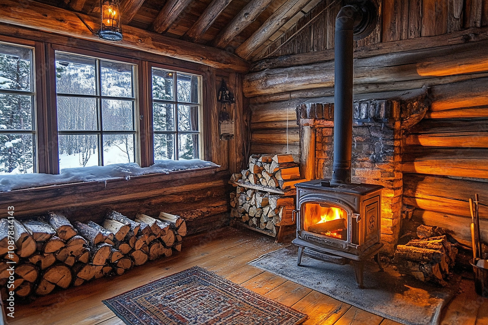 Inside of a wooden cabin in the woods with heating stove next to a wood pile with snowing outside winter cosy interior snowy trees