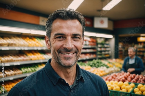 Close portrait of a smiling 40s Andorran male grocer standing and looking at the camera, Andorran grocery store blurred background