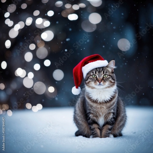 Adorable cat in a Christmas outfit, in the background of a winter evening