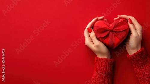 A pair of hands gently hold a red heart-shaped gift box adorned with a bow, set against a vibrant red background. photo