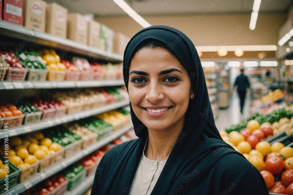 Close portrait of a smiling 40s Bahraini female grocer standing and looking at the camera, Bahraini grocery store blurred background Close portrait of a smiling 40s Bahraini female grocer standing and looking at the camera, Bahraini grocery store blurred background