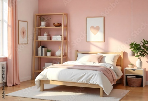 a bedroom with a pink wall and a bed with a white comforter.