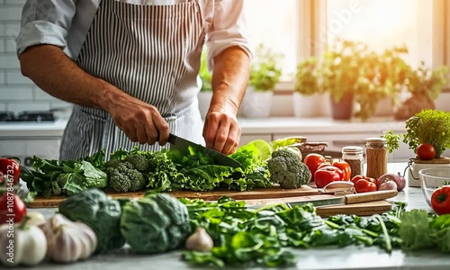 Fresh Vegetables and Herbs on Kitchen Table with Chefs Hands Preparing Healthy Meal in Sunlit Modern Kitchen with Plants and Ingredients