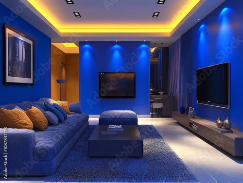 Modern Blue Living Room Interior Design Evening Lighting