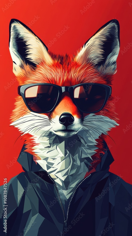 Obraz premium Stylish fox wearing sunglasses on red background vector art