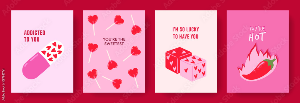 Hand drawn greeting cards set of Valentines Day and Love with typography. Cartoon design with romantic elements, heart shapes, lollypops, pill, dice. Vector concept for print, banner, invitation.